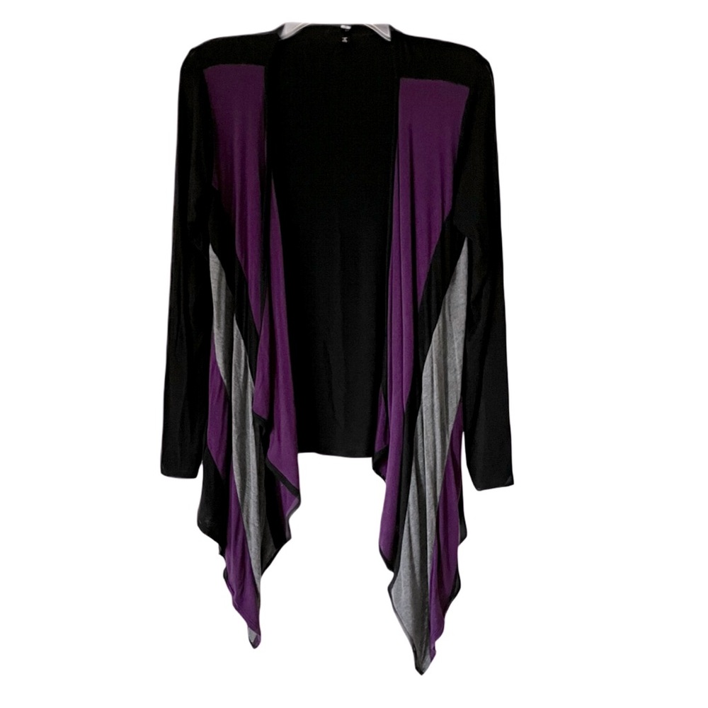 Colorblock Cardigan, Sz. S, Black/Purple/Gray, Handkerchief Hem, Lightweight